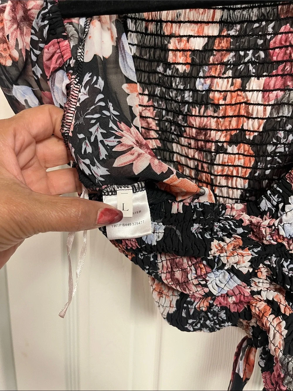 Floral Smocked Off-Shoulder Crop Top in Black and Pink